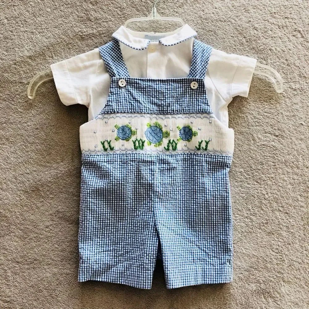 NWOT Vive La Fête Baby Boy Gingam smocked Overalls w/ White Shirt Set(2pc)